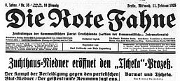Die Abbildung zeigt die Titelseite der Zeitung „Die Rote Fahne“ vom 11. Februar 1925, einer zentralen Publikation der Kommunistischen Partei Deutschlands. Die Schlagzeilen berichten über den „Tscheska“-Prozess und fordern Gerechtigkeit für kommunistische Genossen. Die Layoutgestaltung umfasst große, fette Überschriften, mehrere Spalten mit dichtem Text und eine klare Trennung der Artikel durch Linien