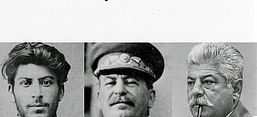 Auf dem weißen Buchcover sind unter dem Titel drei schwarz-weiß Fotos zu sehen. Auf allen Fotos ist Stalin zu sehen, links als junger Mann, in der Mitte in Uniform gekleidet und auf dem rechten Bild als älterer Mann mit ergrauten Haaren und einer Pfeife im Mund.