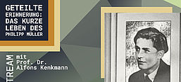 Frontseite der querformatigen Einladungskarte. Am linken Rand steht der Titel der Veranstaltung und der Name des Referenten zu lesen, im rechten Drittel ist ein Foto von Philipp Müller, um den es in der Veranstaltung geht