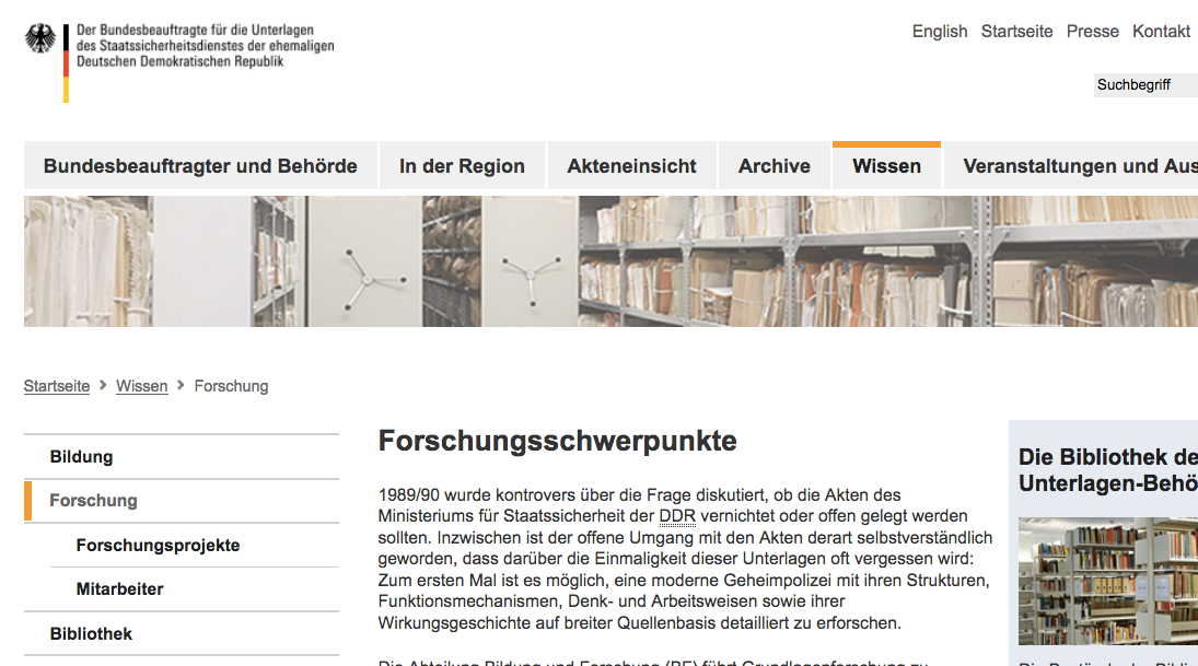 Webseite der Abteilung Bildung und Forschung BSTU