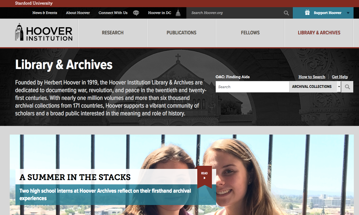 Screenshot der Webseite des Hoover Institution Archives