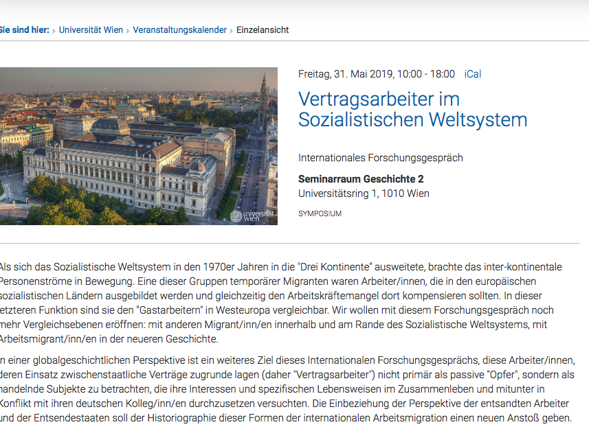 Screenshot der Veranstaltungsankündigung auf kalender.univie.ac.at