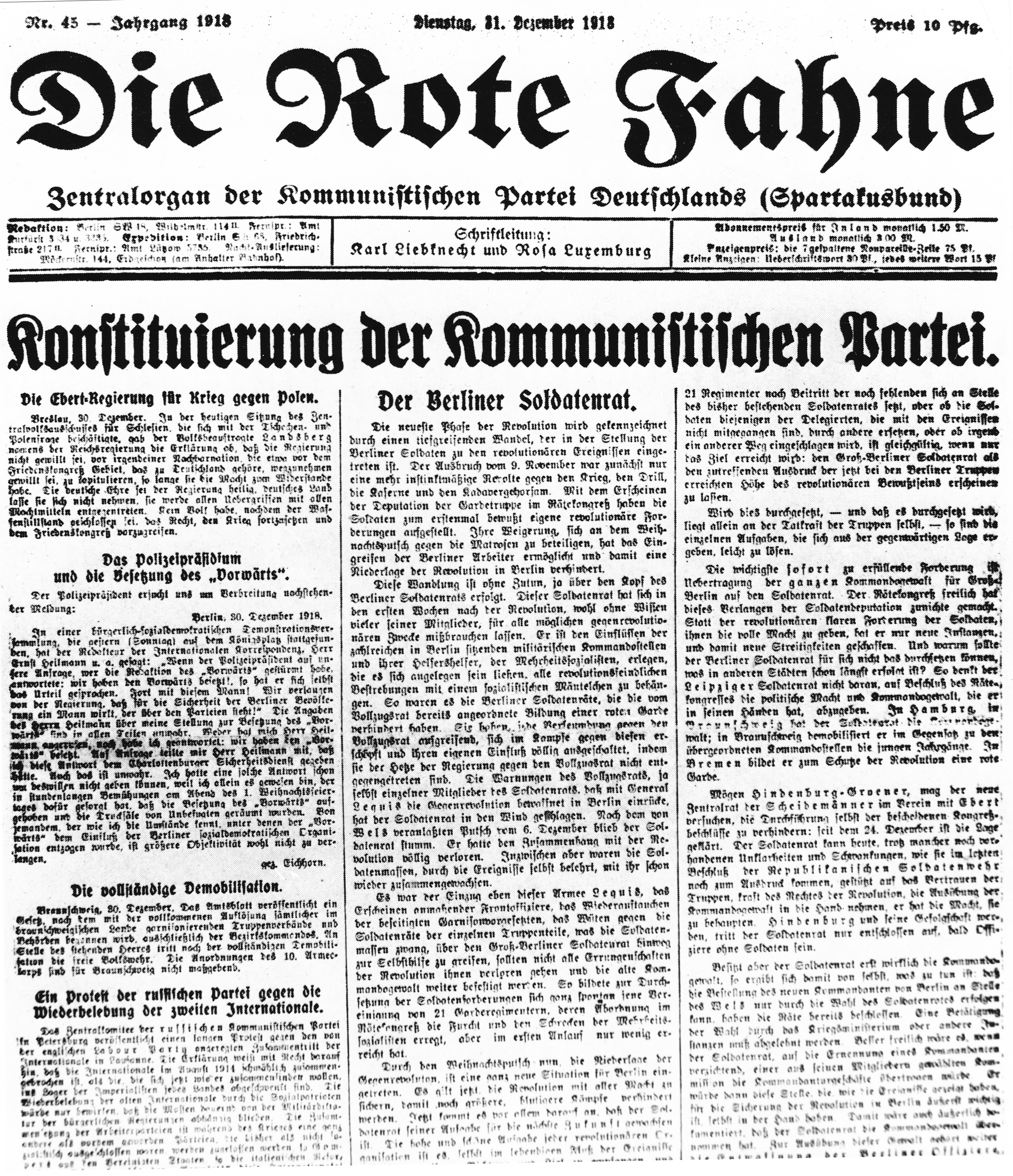 Titelblatt der Ausgabe Nr. 45 der Zeitung "Die rote Fahne" vom 31.12.1918, picture alliance / ZB