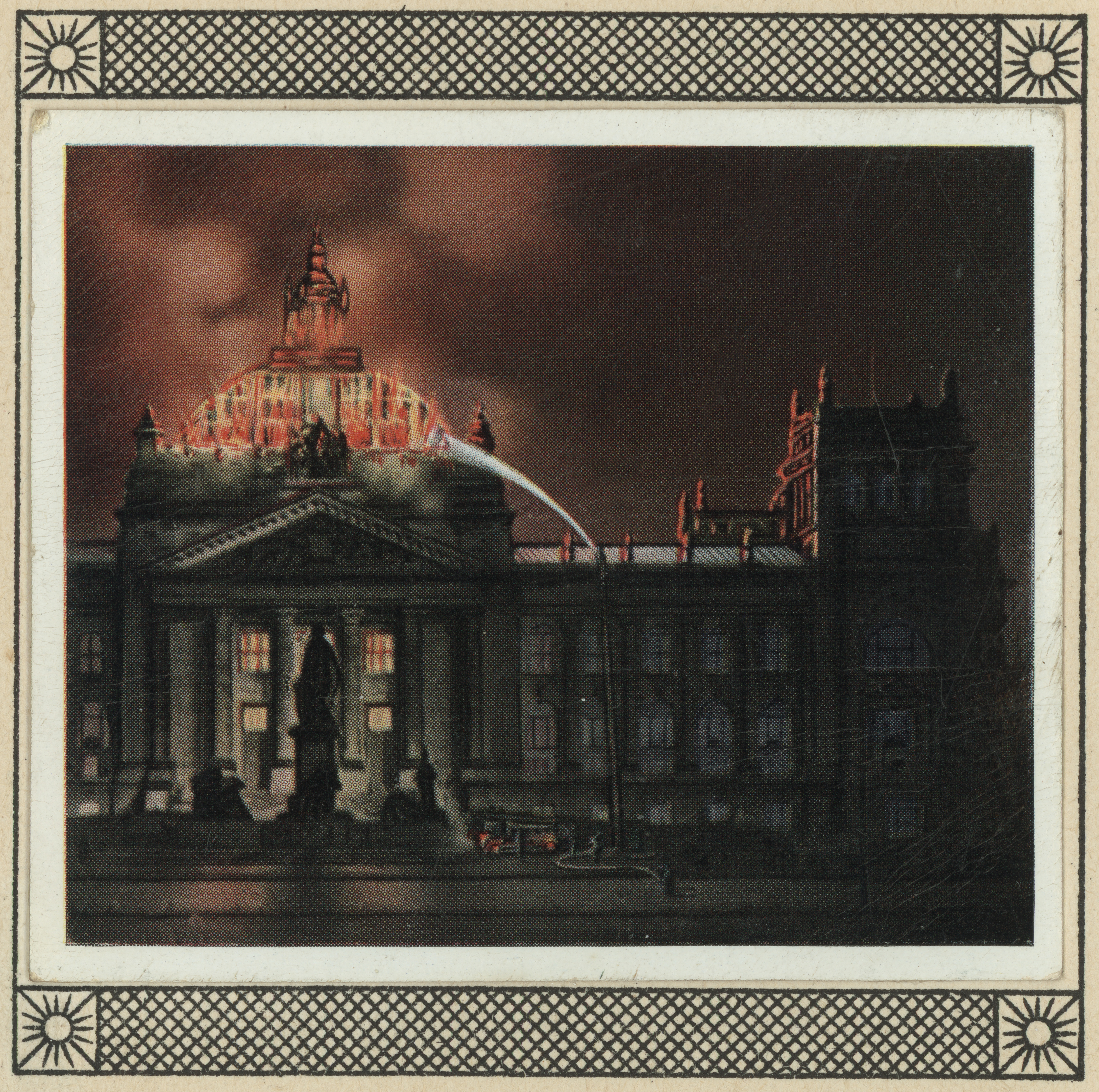 'Der Reichstag brennt!', Zigaretten-Sammelbild. Aus: Die Nachkriegszeit, Historische Bilddokumente, 1918-1934, hrsg. Zigarettenfabriken Eckstein-Halpaus und Waldorf-Astoria, das Jahr 1933, S.83, Nr.208, picture alliance / akg-images