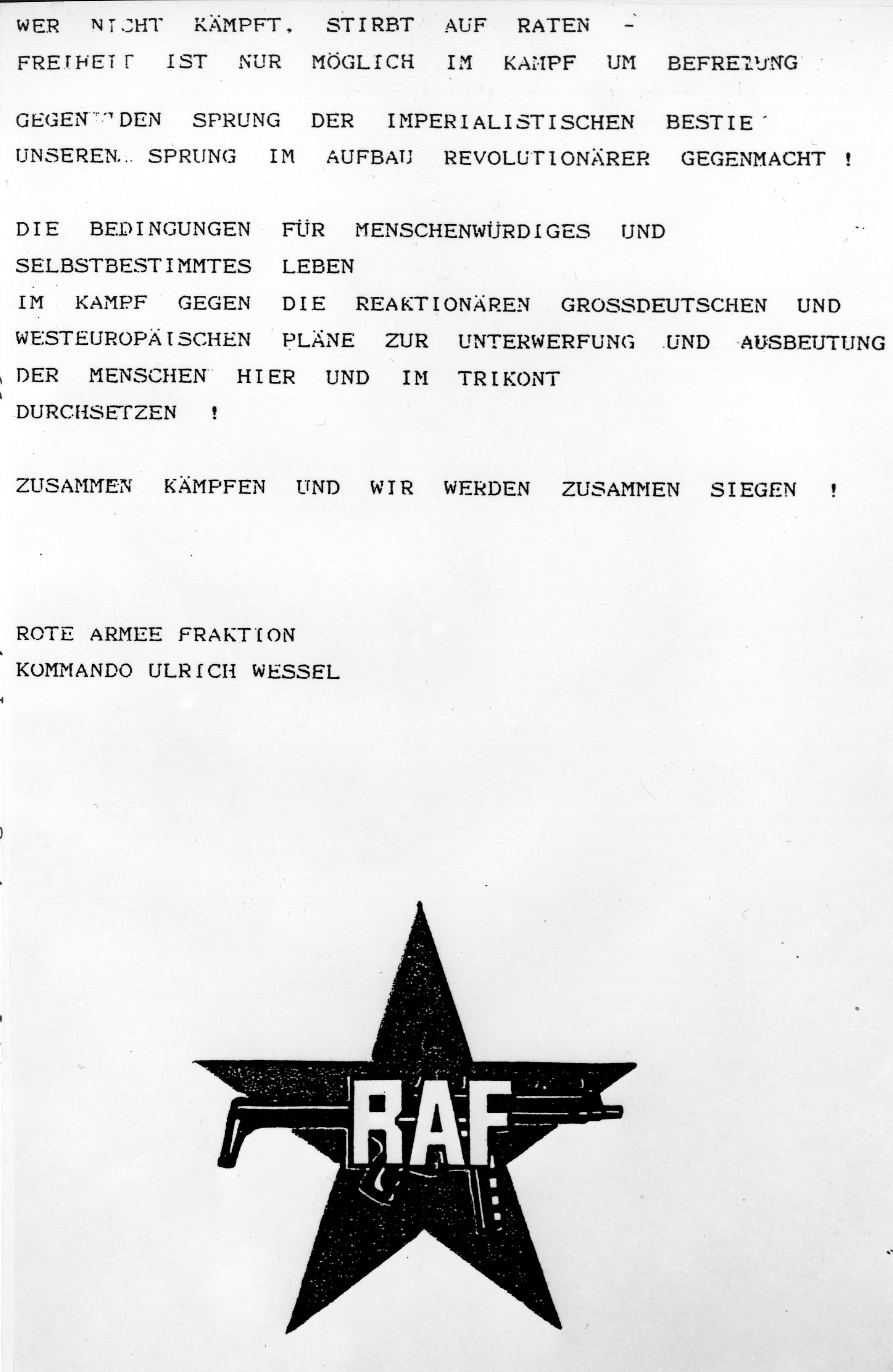 Bekennerschreiben der RAF nach dem Mord an Detlev Rohwedder (Präsident der Treuhandanstalt) am 1. April 1991, picture alliance / ASSOCIATED PRESS