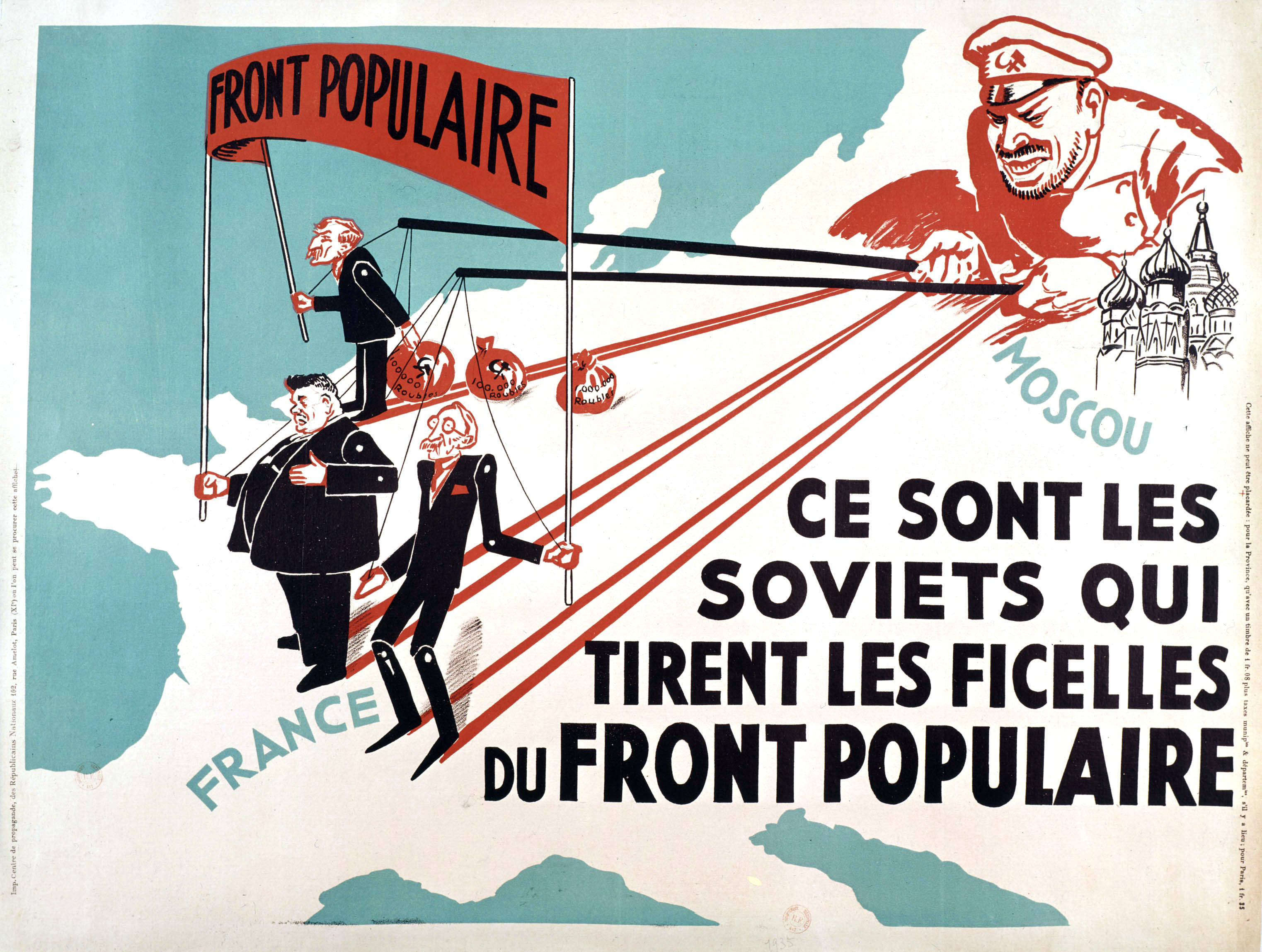 Edouard Herriot, Leon Blum als Marionetten Moskaus, Propagandaplakat der französischen Nationalen Republikaner, 1936, Rue des Archives/Tallandier/Süddeutsche Zeitung Photo
