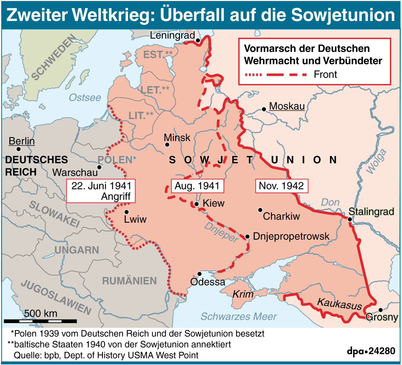 Karte mit den Fronten bis 1942, picture-alliance/ dpa-infografik