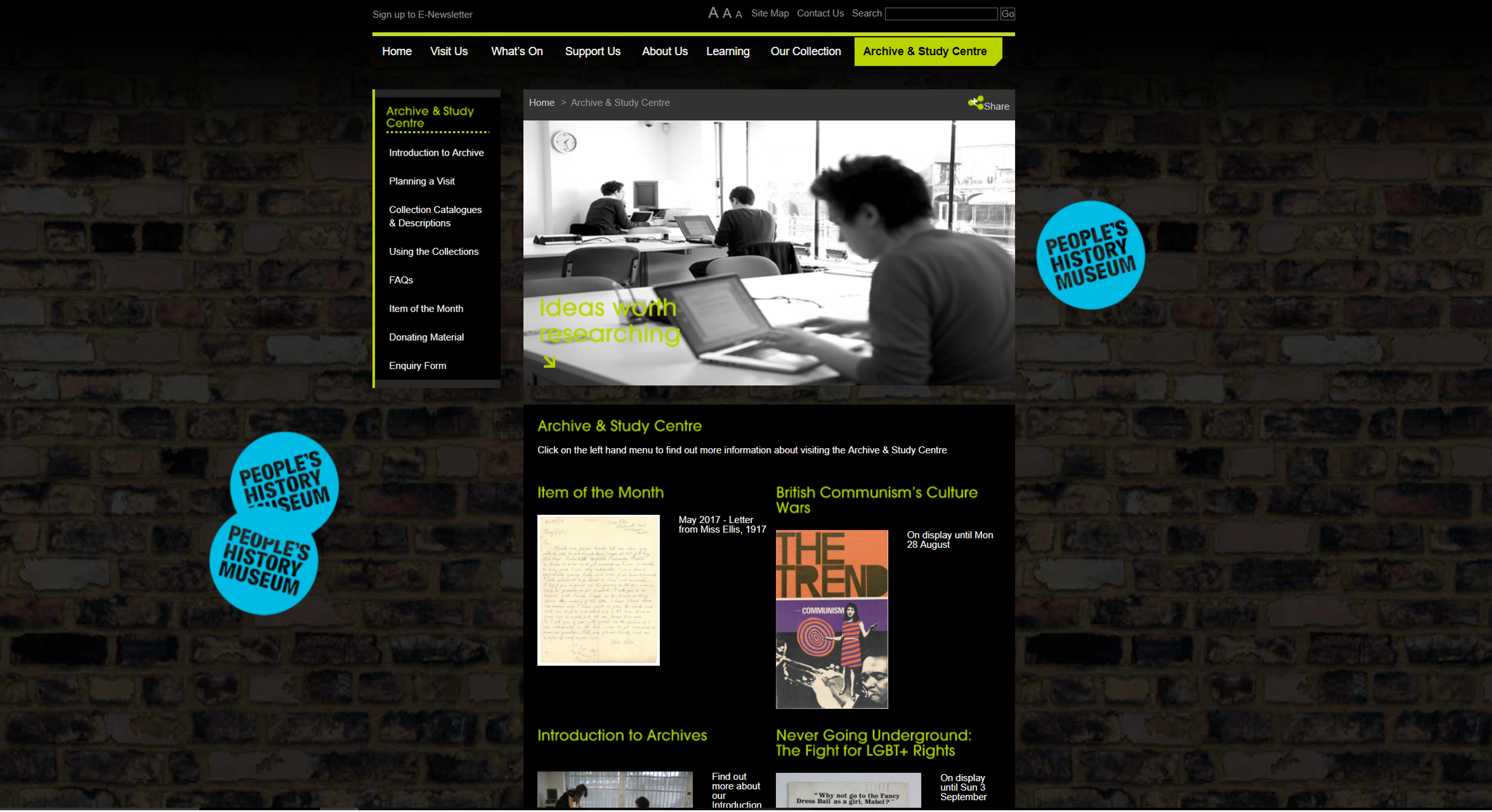 Screenshot der Website http://www.phm.org.uk/archive-study-centre/