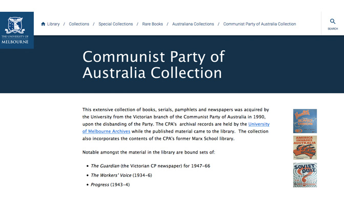 Akten der Communist Party of Australia, Screenshot von der Website der Universität Melbourne 