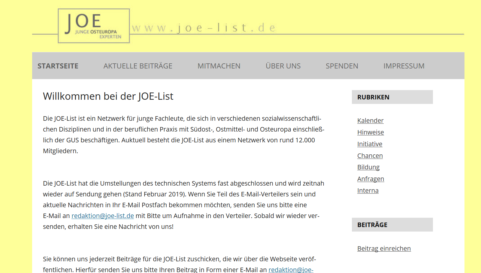 Screenshot der Webseite des Netzwerks