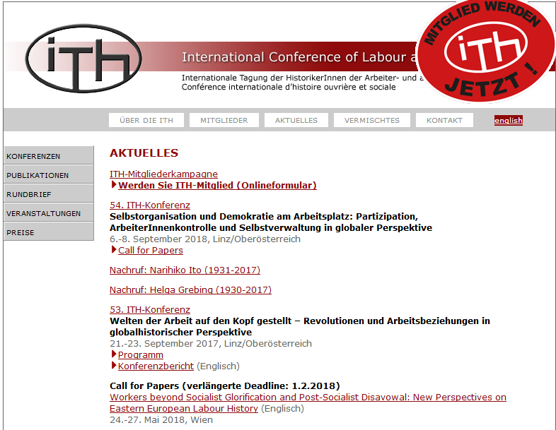 Screenshot von Website: Internationale Tagung der HistorikerInnen der Arbeiter- und anderer sozialer Bewegungen (ITH)