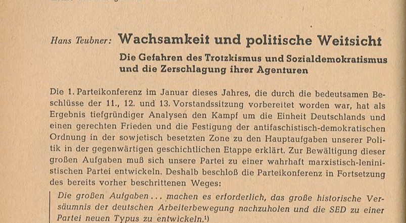 Ausriss des Titels und der ersten Zeilen des Artikels von Hans Teubner. Die Abbildung hat rein illustrativen Charakter