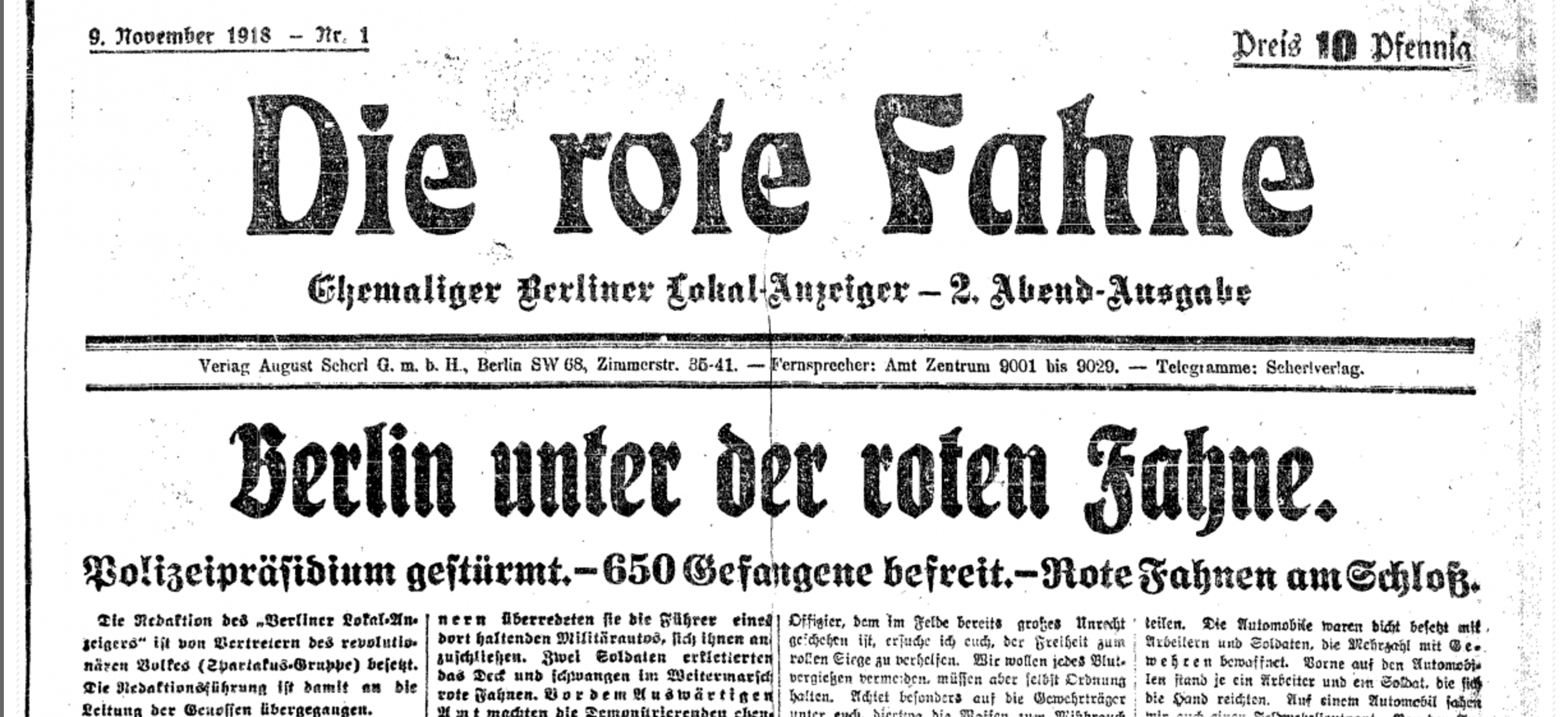 Screenshot der digitalisierten Ausgabe der Roten Fahne vom 9. November 1918 im ZEFYS