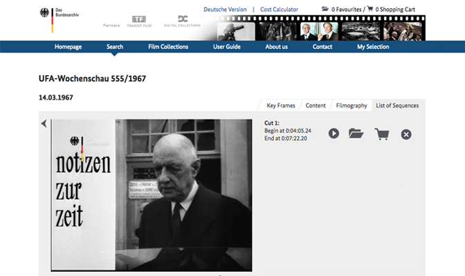 Die UFA-Wochenschau 555/1967 im Bundesarchiv, Screenshot von der Website