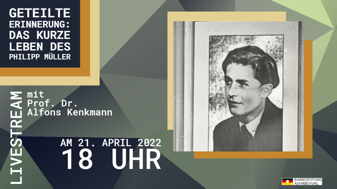 Frontseite der querformatigen Einladungskarte. Am linken Rand steht der Titel der Veranstaltung und der Name des Referenten zu lesen, im rechten Drittel ist ein Foto von Philipp Müller, um den es in der Veranstaltung geht